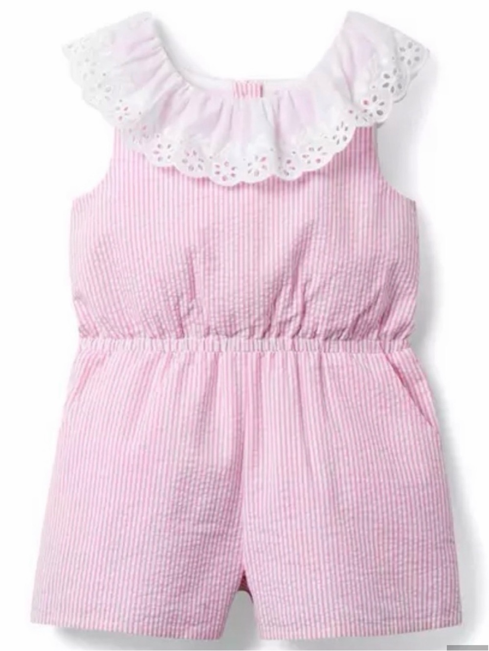 Janie and Jack Pink Seersucker Kids Romper with White Eyelet Collar 2T